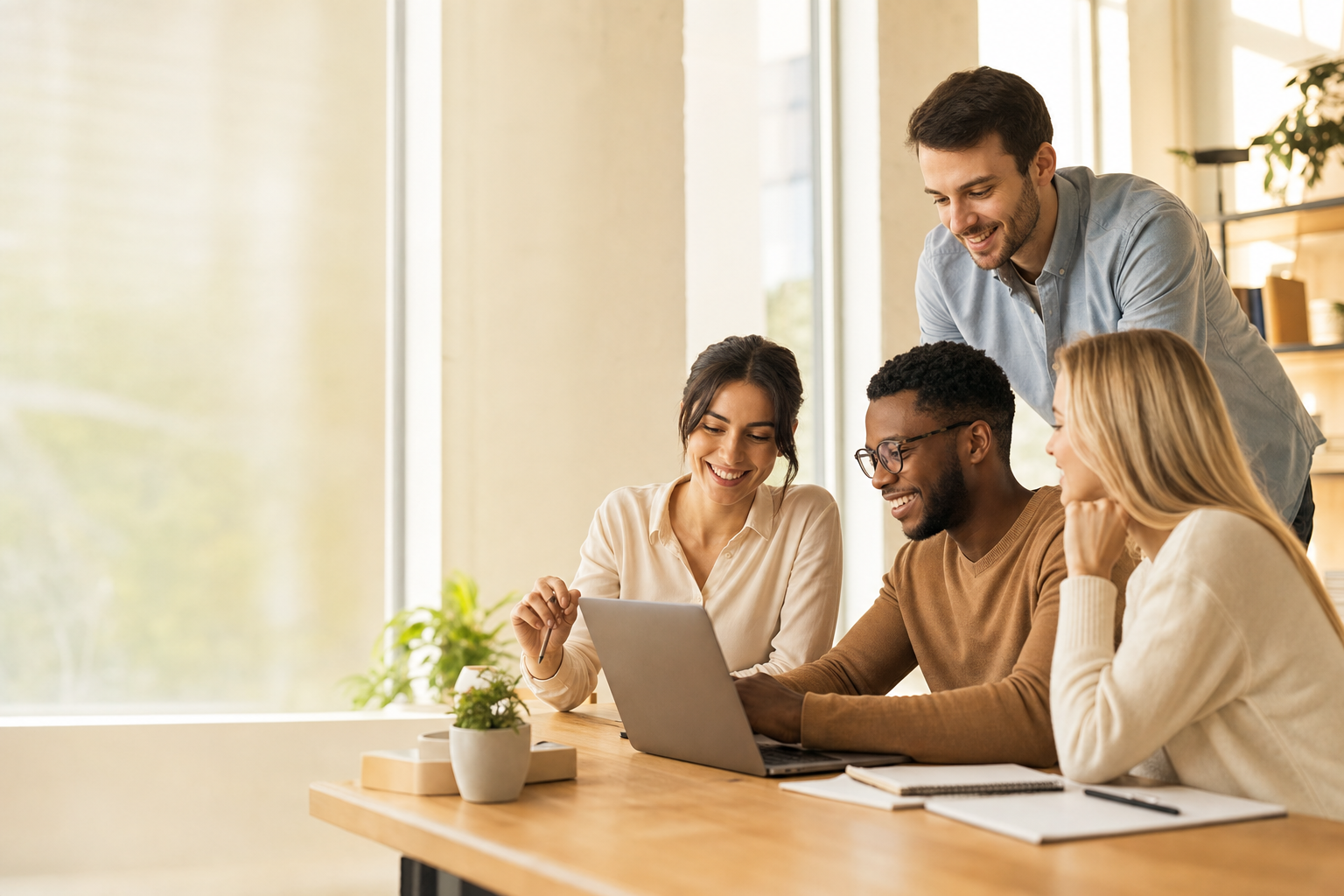 A comms team collaborating around a laptop